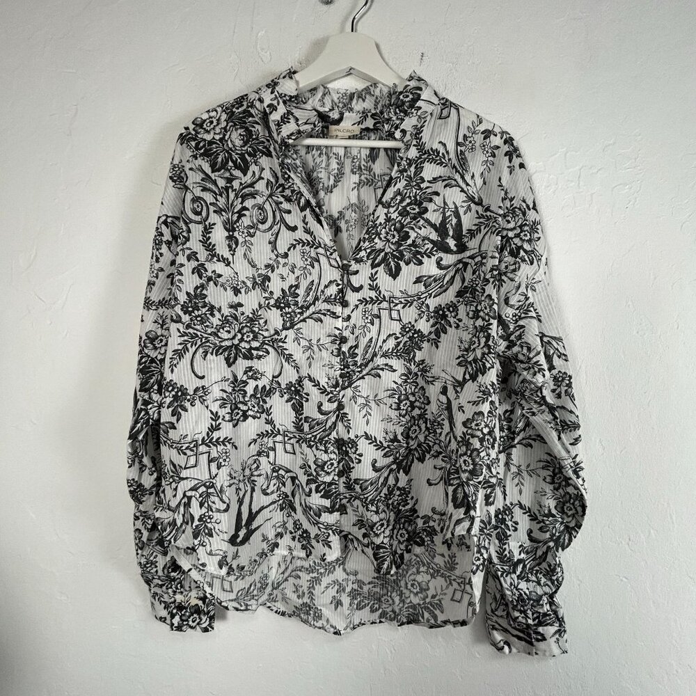 Pilcro Womens White Green Floral Long Sleeve Button-Up Shirt Blouse Medium Boho